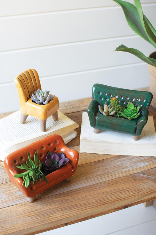 Set Of Three Ceramic Sofa And Chair Planters CDV2091 By Kalalou