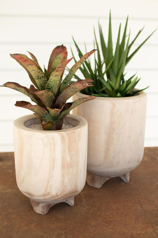 Set Of Two Hand Carved Wooden Planters CFAN1066 By Kalalou