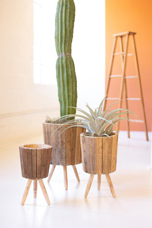 Set Of Three Round Recycled Wooden Planters With Legs CLNR1039 By Kalalou