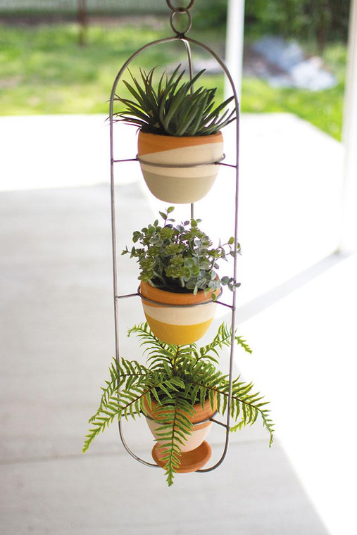 Hanging Triple Clay And Wire Planter H3944 By Kalalou