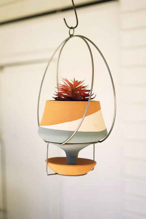 Triple Stripe Hanging Funnel Clay Planter With Wire Hanger H4046 By Kalalou