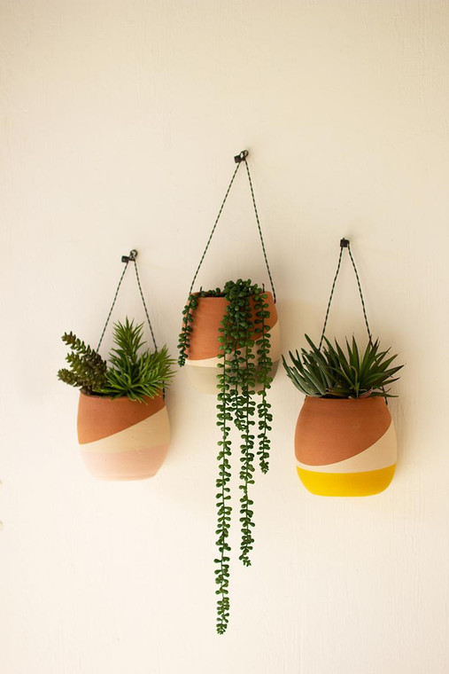 Set Of Three Clay Wall Pocket Planters With Wire Hangers H4077 By Kalalou