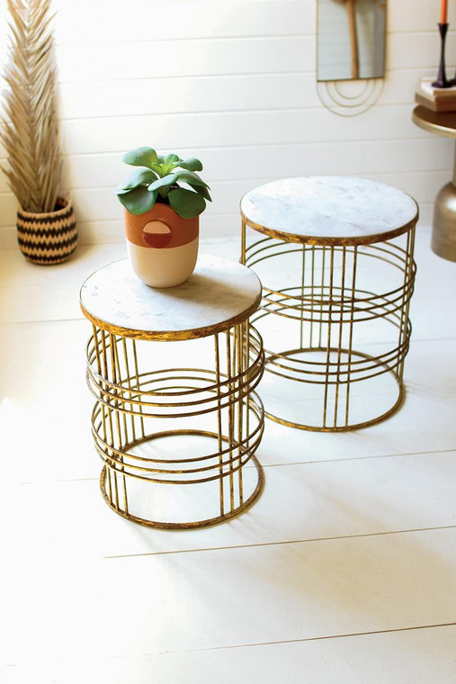 Set Of Two Round Marble Top Tables With Rustic Gold Metal Bases NMG1022 By Kalalou