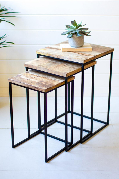 Set Of Three Nesting Square Wood And Iron Side Tables NMG1025 By Kalalou