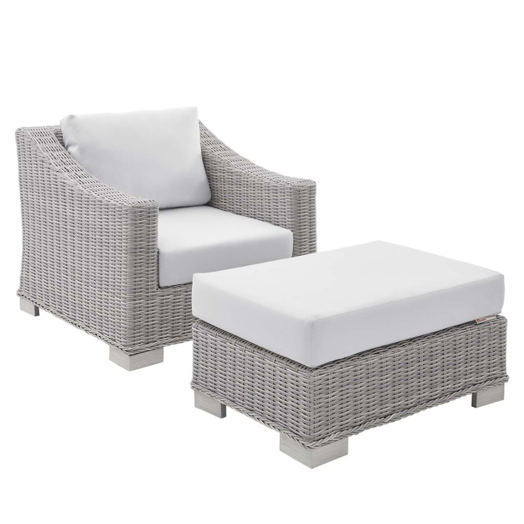 Conway Sunbrella Outdoor Patio Wicker Rattan 2-Piece Armchair And Ottoman Set EEI-4354-LGR-WHI By Modway Furniture