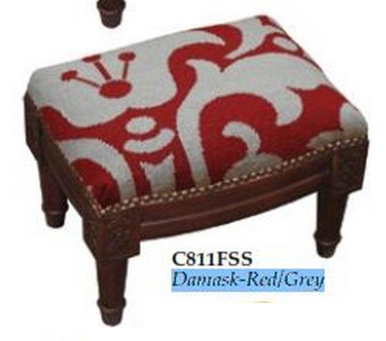 123-Creations Needlepoint Wool Damask-Red-Grey Footstool C811FSS