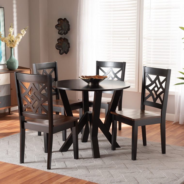 Baxton Studio Kaila Modern And Contemporary Two-Tone Dark Brown And Walnut Brown Finished Wood 5-Piece Dining Set Kaila-Dark Brown/Walnut-5PC Dining Set