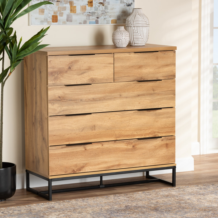 Baxton Studio Franklin Modern And Contemporary Oak Finished Wood And Black Finished Metal 5-Drawer Bedroom Chest CH8002-Oak-5DW Chest