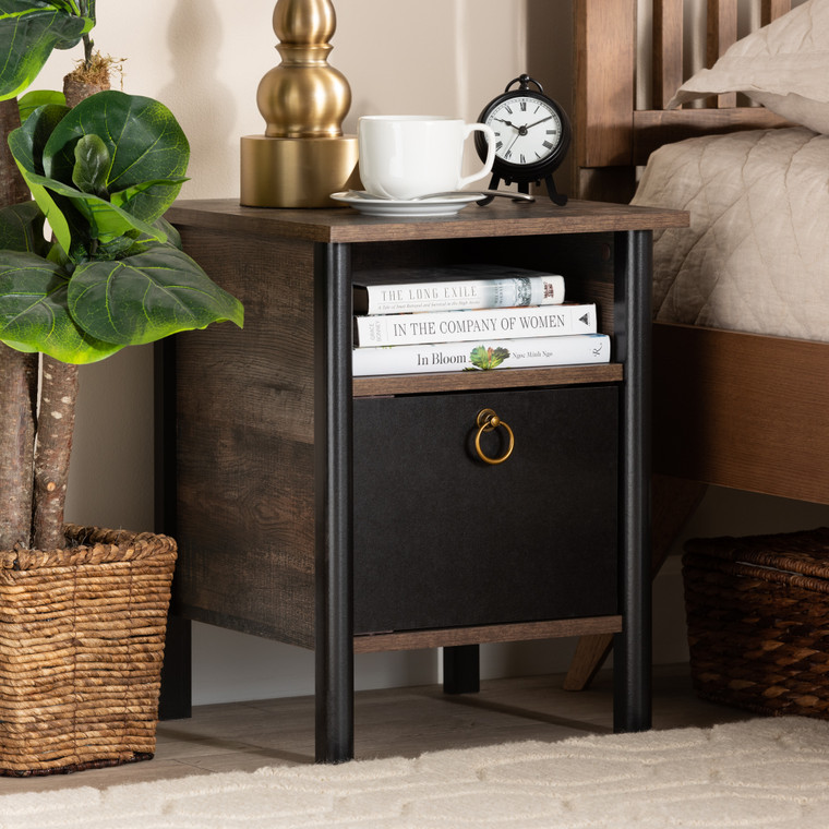 Baxton Studio Vaughan Modern And Contemporary Two-Tone Rustic Brown And Black Finished Wood Nightstand SM-NS3840-Rustic Brown-NS