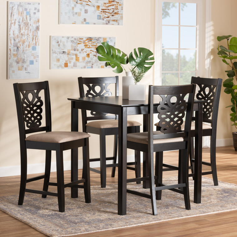 Baxton Studio Gervais Modern And Contemporary Transitional Sand Fabric Upholstered And Dark Brown Finished Wood 5-Piece Pub Set RH339P-Sand/Dark Brown-5PC Pub Set
