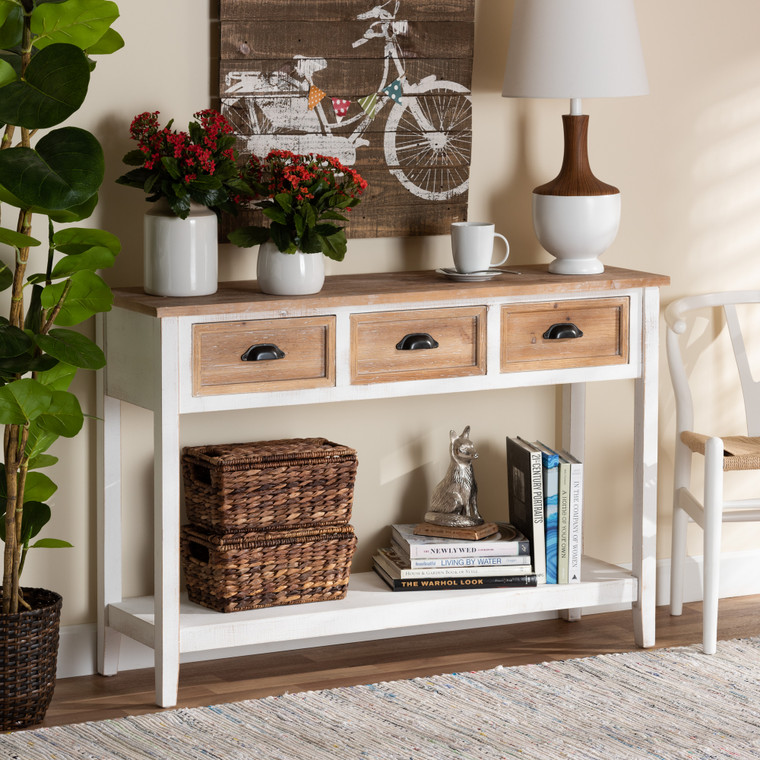 Baxton Studio Benedict Traditional Farmhouse And Rustic Two-Tone White And Oak Brown Finished Wood 3-Drawer Console Table JY19Y1066-White/Oak-Console