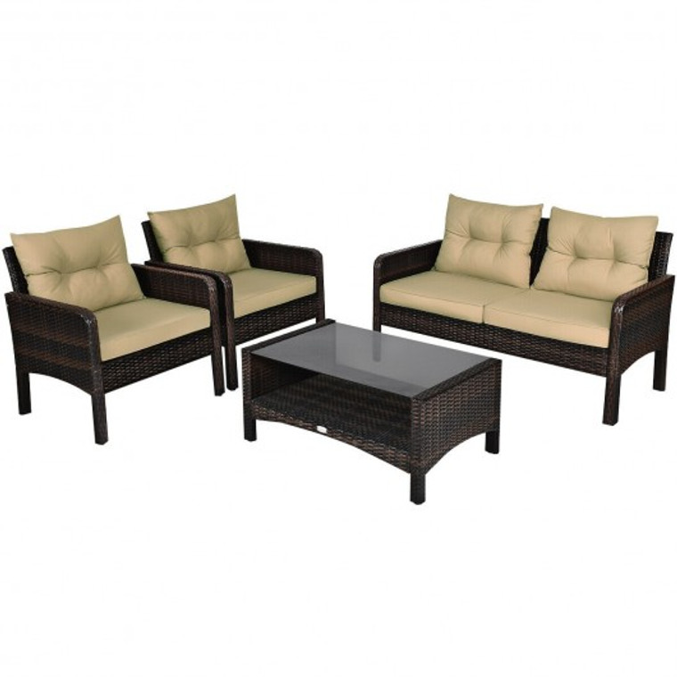 4 Piece Outdoor Rattan Wicker Loveseat Furniture Set With  Cushions-Coffee HW66461BN+