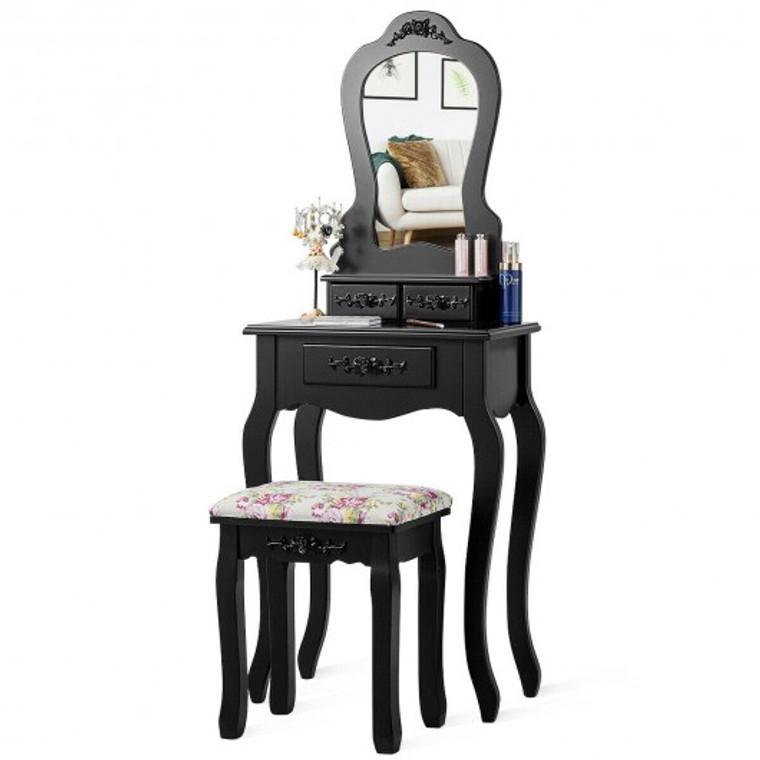 Makeup Dressing Table And Bench 3 Drawers And Cushioned Stool For Girls-Black HW66045BK