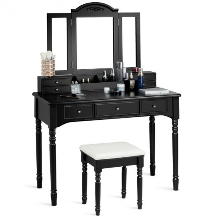 Makeup Dressing Table With Tri-Folding Mirror And Cushioned Stool For Women-Black HW66046BK