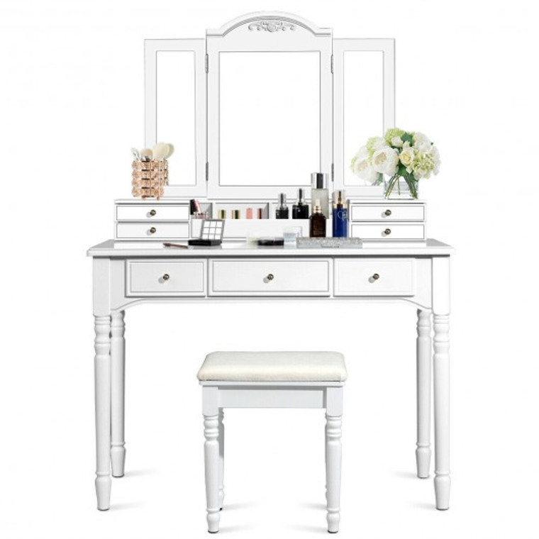 Makeup Dressing Table With Tri-Folding Mirror And Cushioned Stool For Women-White HW66046WH