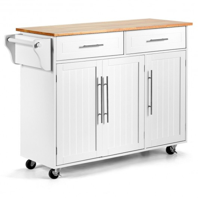 Kitchen Island Trolley Cart Wood Top Rolling Storage Cabinet-White HW67014WH+