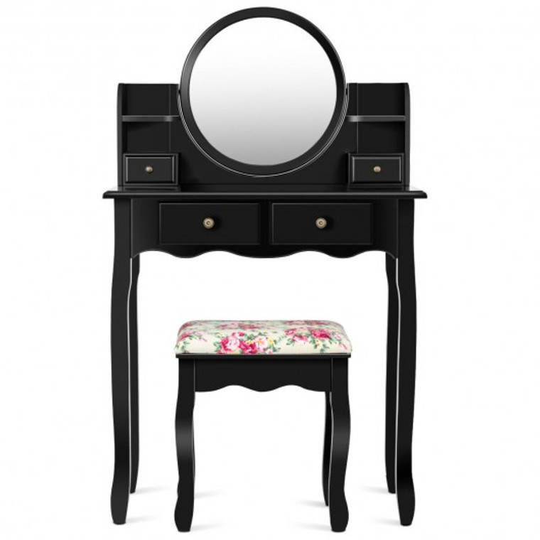 Makeup Vanity Table Set Girls Dressing Table With Drawers Oval Mirror-Black HW66130BK