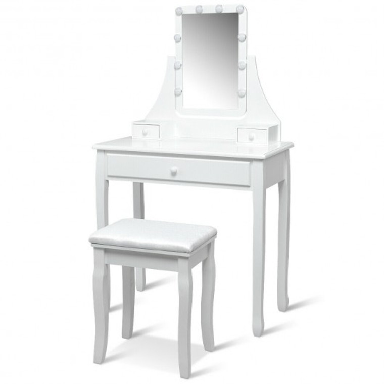 10 Led Lighted Mirror And 3 Drawers Vanity Table Set-White HW66051US-WH
