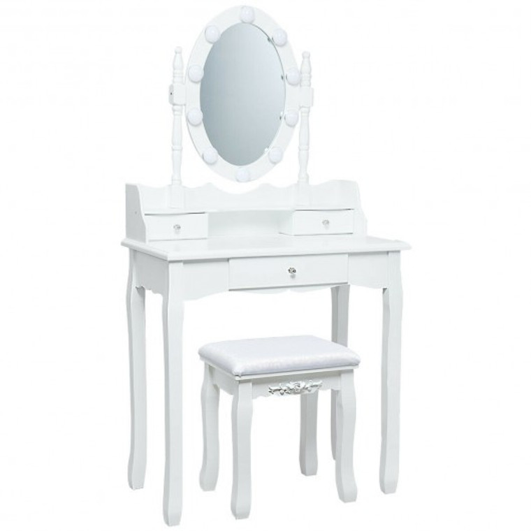 Oval Mirror Vanity Set With 10 Led Dimmable Bulbs And 3 Drawers-White HW66052US-WH