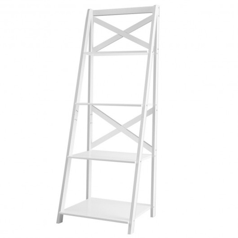 4-Tier Leaning Free Standing Ladder Shelf Bookcase-White HW66096WH