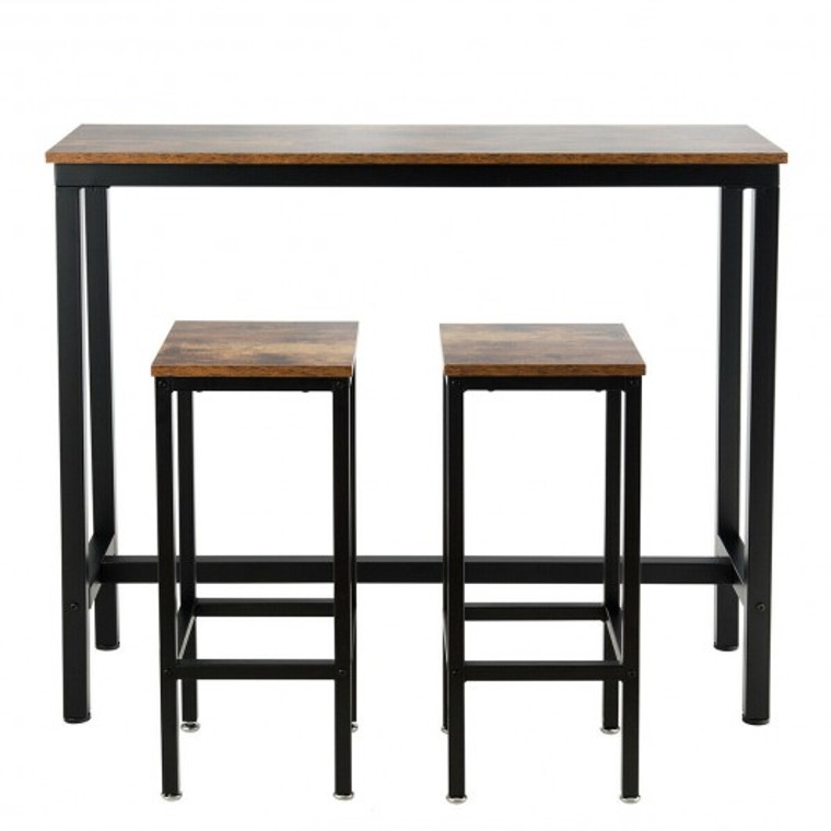 3 Pieces Bar Table Counter Breakfast Bar Dining Table With Stools-Brown HW65793NA