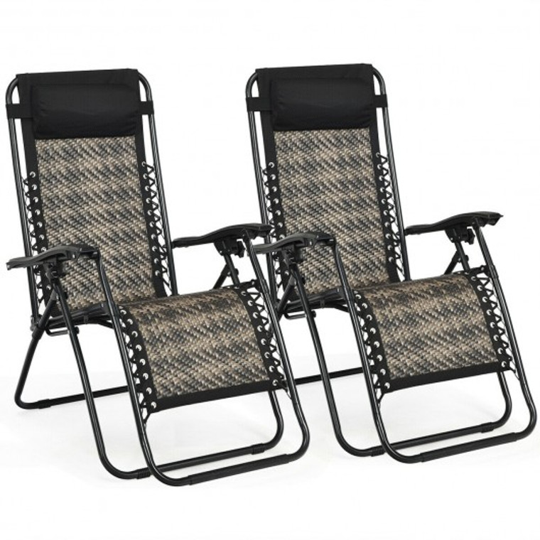 2 Piece Folding Patio Rattan Zero Gravity Lounge Chair-Gray OP70634GR-2