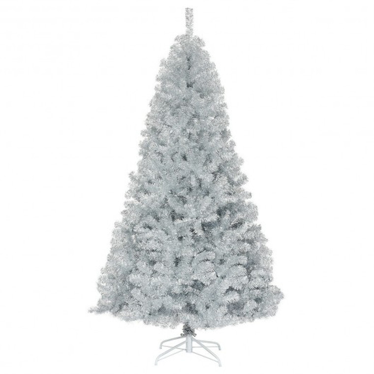 7.5Ft Hinged Unlit Artificial Silver Tinsel Christmas Tree CM22827
