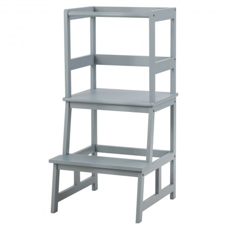 Kids Wooden Kitchen Step Stool With Safety Rail-Gray BB5577GR