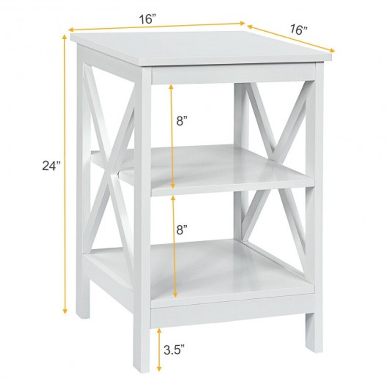 3-Tier Nightstand End Table With X Design Storage -White HW65688WH