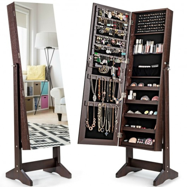 Standing Jewelry Armoire Cabinet With Full Length Mirror-Brown HW65947CF