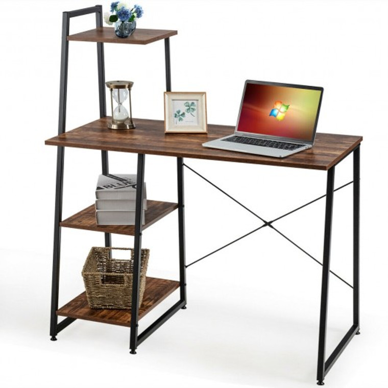 Compact Computer Desk Workstation With 4 Tier Shelves For Home And Office-Brown HW65585CF
