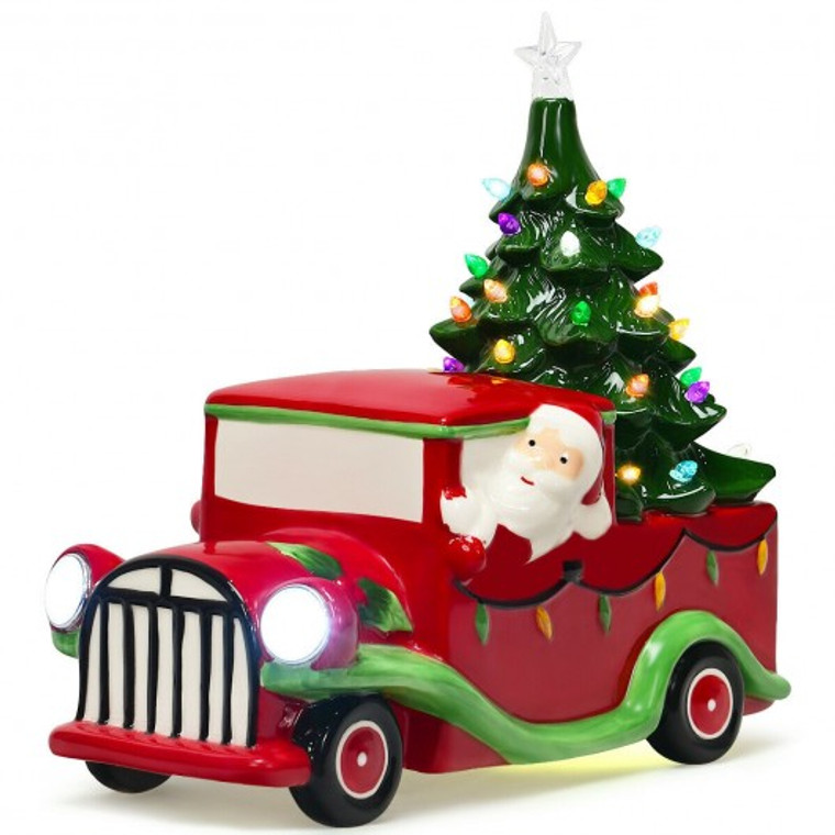 Pre-Lit Vintage Tabletop Ceramic Christmas Tree And Truck Battery CM22643
