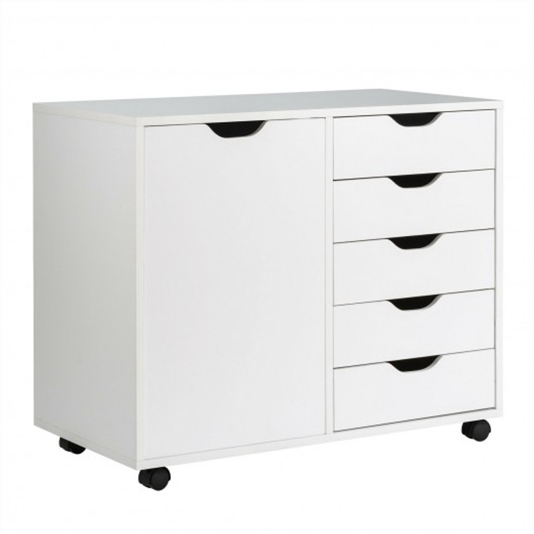 5-Drawer Dresser Chest Mobile Storage Cabinet With Door-White HW65977WH