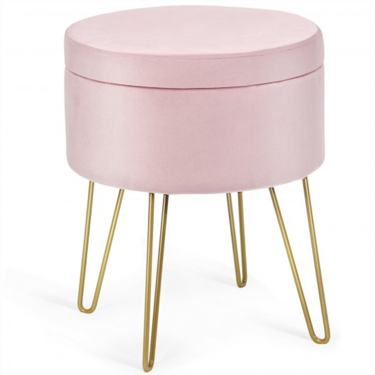 Round Velvet Storage Ottoman Footrest Stool Vanity Chair With Metal Legs-Pink HW66201PI
