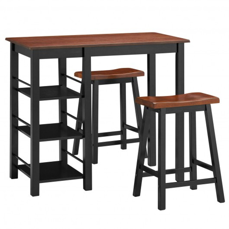 3 Piece Counter Height Dining Table Set With 2 Saddle Stools And Storage Shelves HW66873