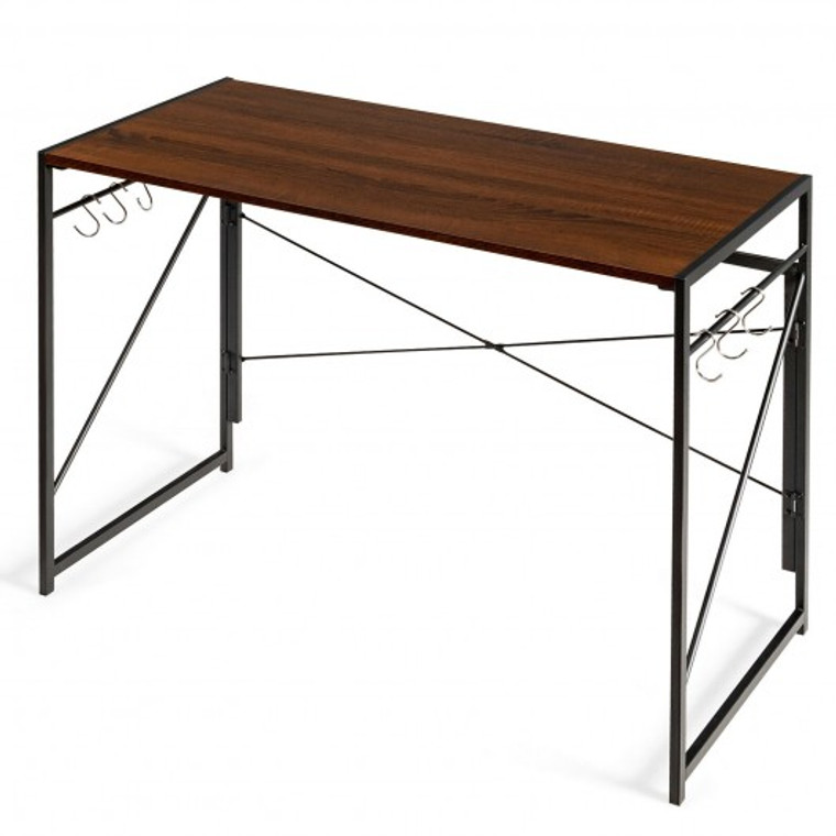 Folding Computer Desk Writing Study Desk Home Office With 6 Hooks-Brown HW65577ZS