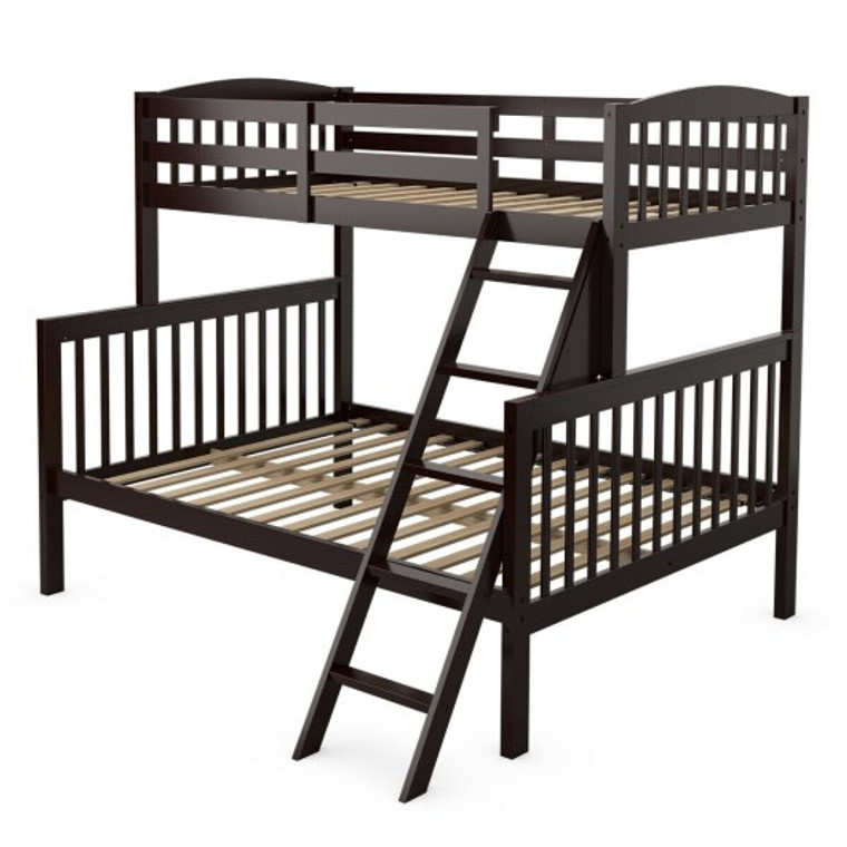 Twin Over Full Bunk Bed Rubber Wood Convertible With Ladder Guardrail-Espresso HW66473ES+