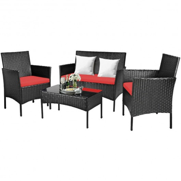 4 Piece Patio Rattan Cushioned Sofa Furniture Set With Tempered Glass Coffee Table-Red HW65357RE