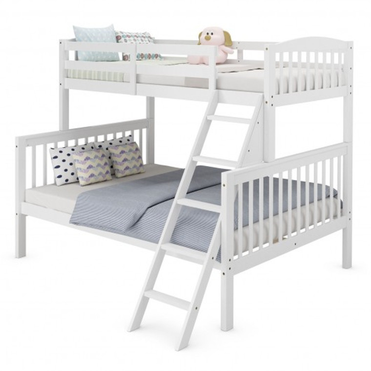Twin Over Full Bunk Bed Rubber Wood Convertible With Ladder Guardrail-White HW66473WH+
