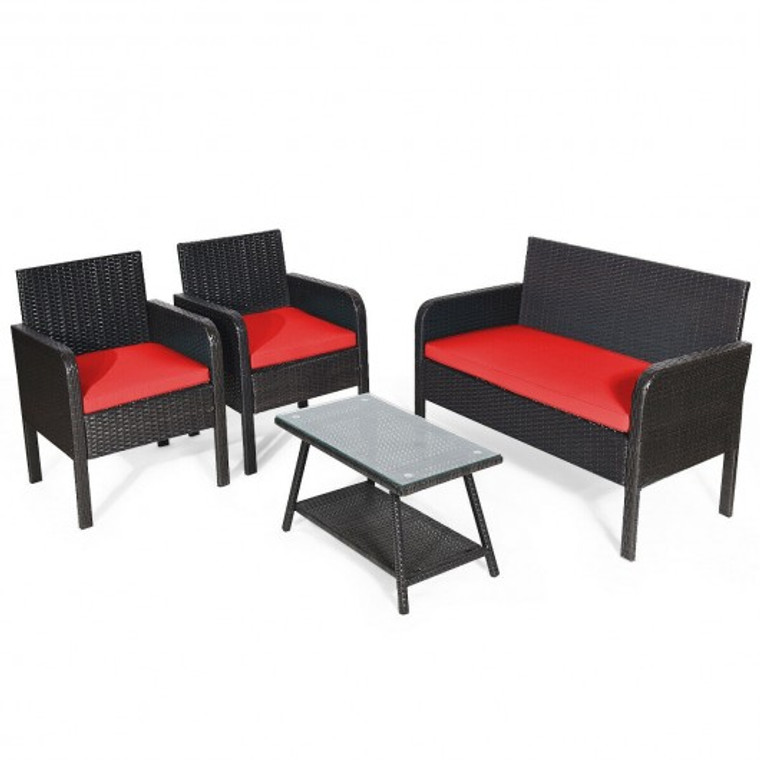 4 Piece Patio Rattan Wicker Furniture Set Conversation Sofa Bench Cushion-Red HW66958RE