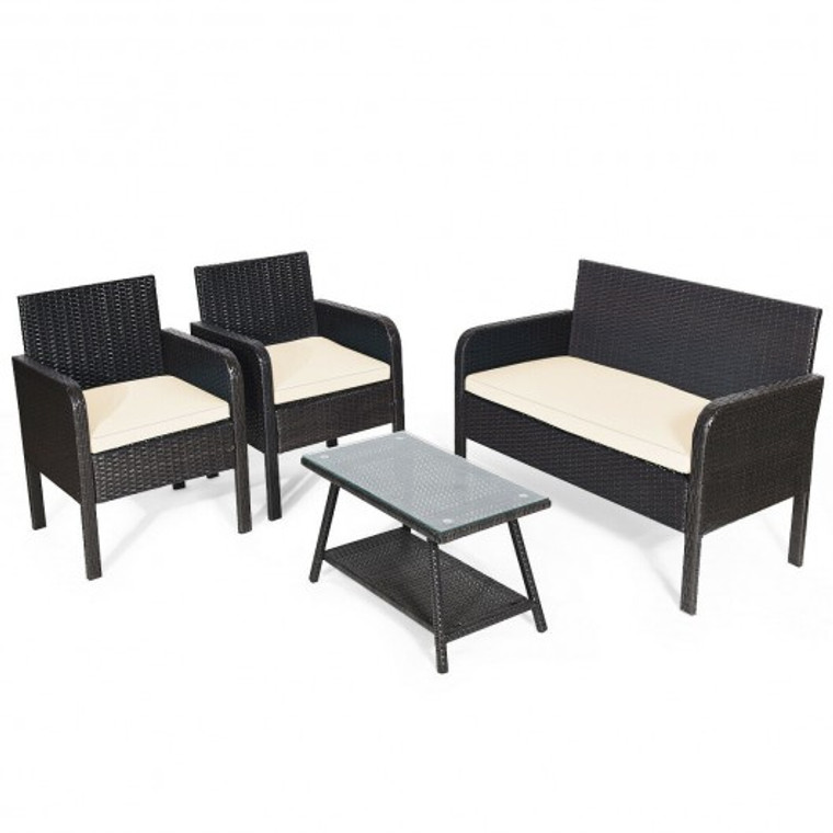 4 Piece Patio Rattan Wicker Furniture Set Conversation Sofa Bench Cushion-White HW66958WH