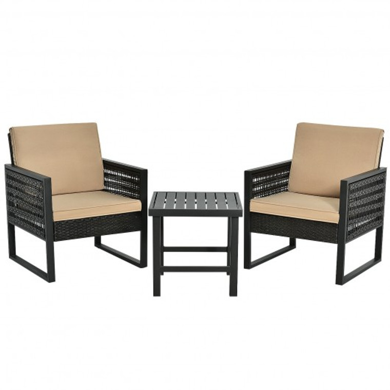 3 Piece Patio Rattan Bistro Cushioned Furniture Set HW64402