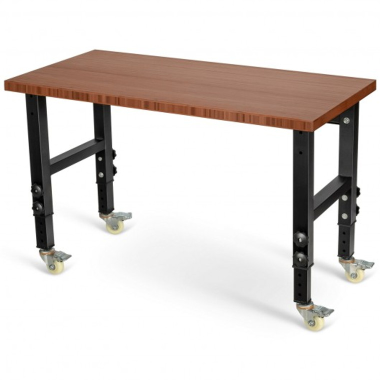 48"X24" Adjustable Height Workbench Mobile Tool Bench Bamboo Top With Caster-Coffee HW66371CF