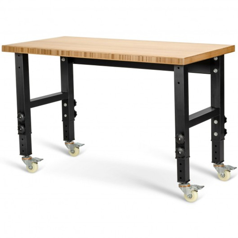 48"X24" Adjustable Height Workbench Mobile Tool Bench Bamboo Top With Caster-Natural HW66371NA