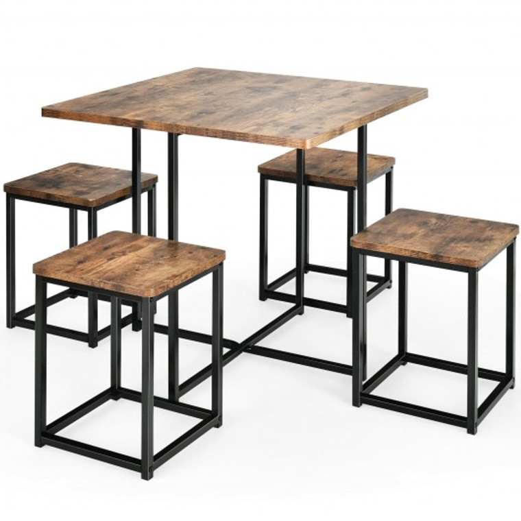 5 Piece Metal Frame Dining Set With Compact Dining Table And 4 Stools -Walnut HW66632CF