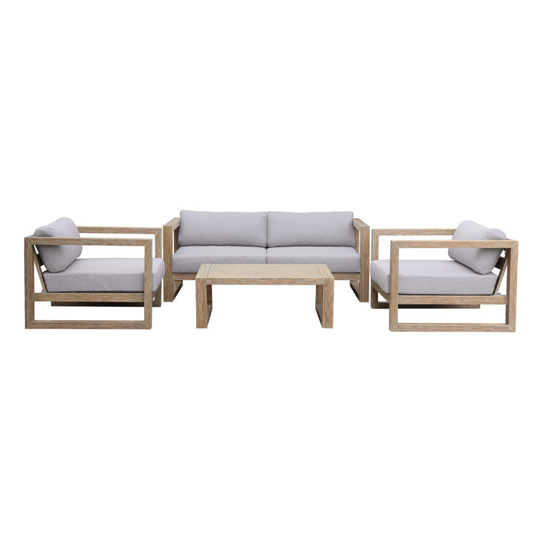 Paradise 4 Piece Outdoor Light Eucalyptus Wood Sofa Seating Set With Grey Cushions SETODPR4LT By Armen
