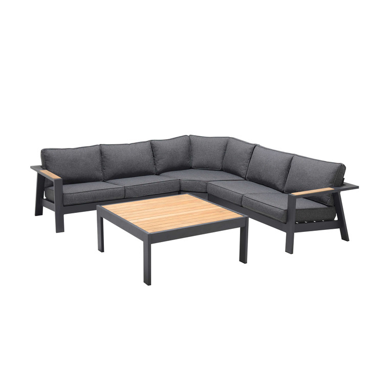 Palau 4 Piece Outdoor Sectional Set With Cushions In Dark Grey And Natural Teak Wood Accent SETODPASE4GR By Armen