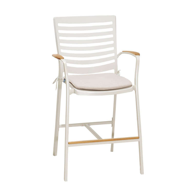 Portals Outdoor Patio Aluminum Barstool In Light Matte Sand With Natural Teak Wood Accent LCPLBAWH By Armen