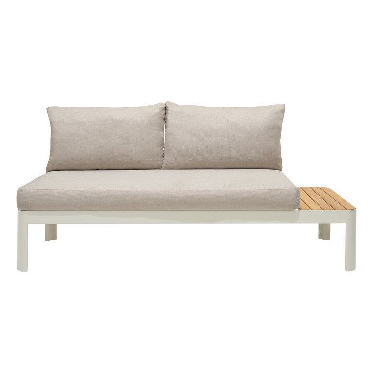 Portals Outdoor Sofa In Light Matte Sand Finish With Natural Teak Wood And Beige Cushions LCPLSONAT By Armen