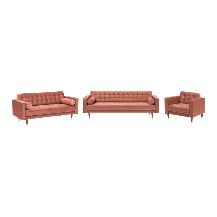 Somerset Blush Velvet Mid Century Modern Sofa Seating Set SETSMBLUSH3PC By Armen